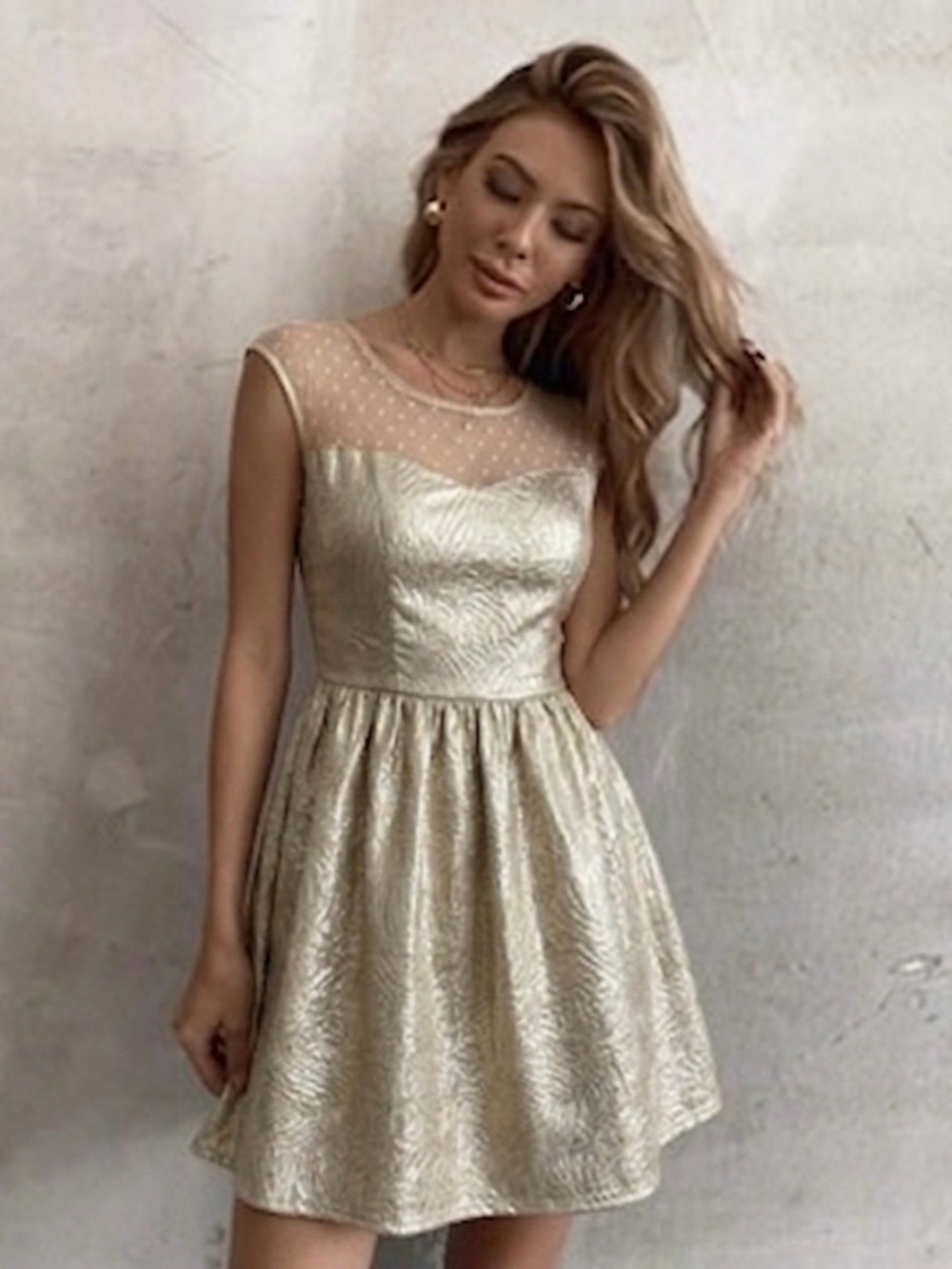 One Clothing Dress Gold Metallic Mesh Illusion Fit and Flare Mini M (jrs) Party